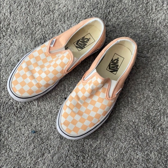peach checkered slip on vans